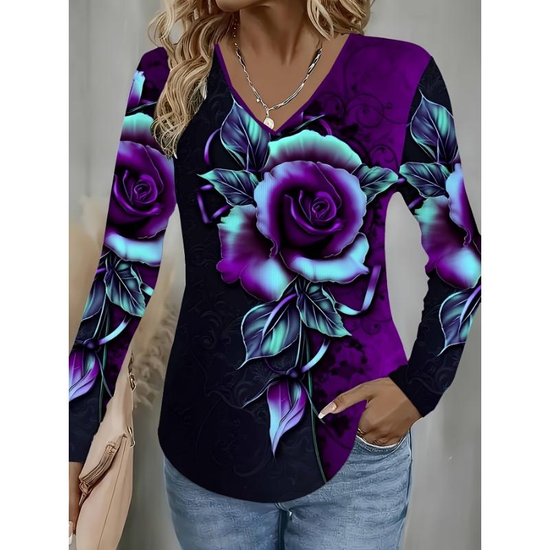 Long-sleeved V-neck T-shirt with rose print for women, casual top for daily outings