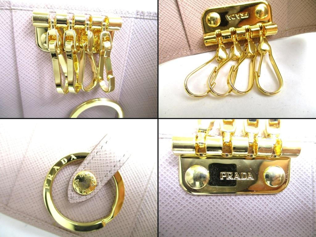 Authentic PRADA Beige Saffiano Metal Leather 4 Pics Key Chain #a542  Refurbished