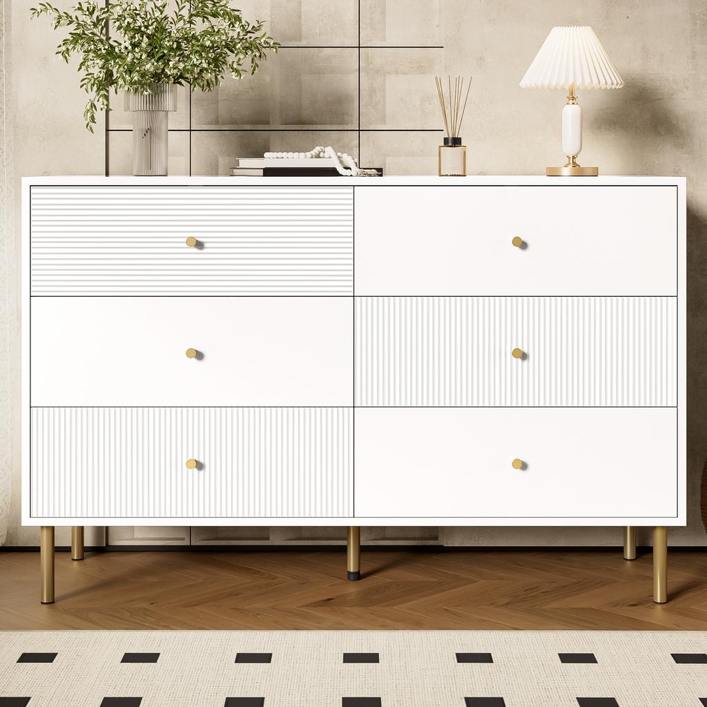 Modern 6-Drawer Chest, White Storage Chest with Zinc Alloy Handles & Steel Legs, 120×40×78cm MDF Cabinet for Bedroom, Living Room, Entryway