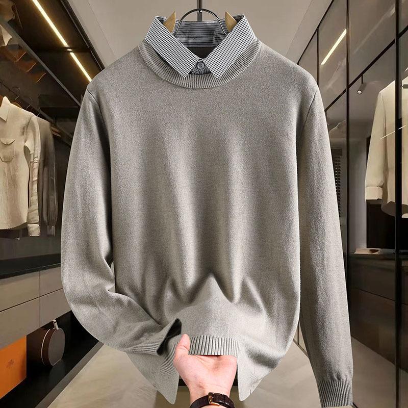 New Fake Two-piece Sweater for Men  Warm Autumn Winter Base Shirt Thread