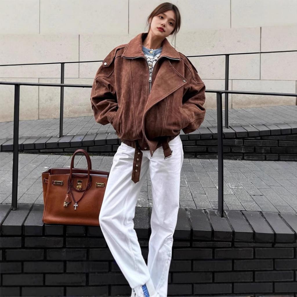 Chaqueta Corta Holgada Marrón para Mujer de Primavera Otoño, Abrigo Casual de Moda Estilo Retro Miura para Mujer Transfronterizo