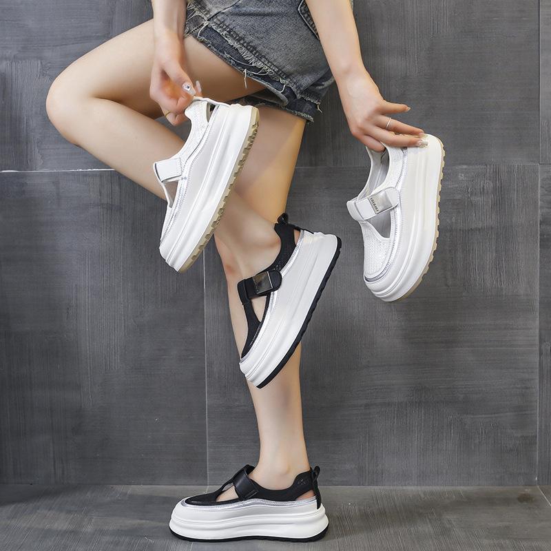 Fashion Women's Sandals Summer New Thick Bottom Anti-slip Net Cloth Covered Head Muller Shoes Casual Round Head Fashion Height Sandals