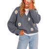 Women's Single Breasted Embroidered Knit Cardigan Sweater with Button Front and Long Sleeve