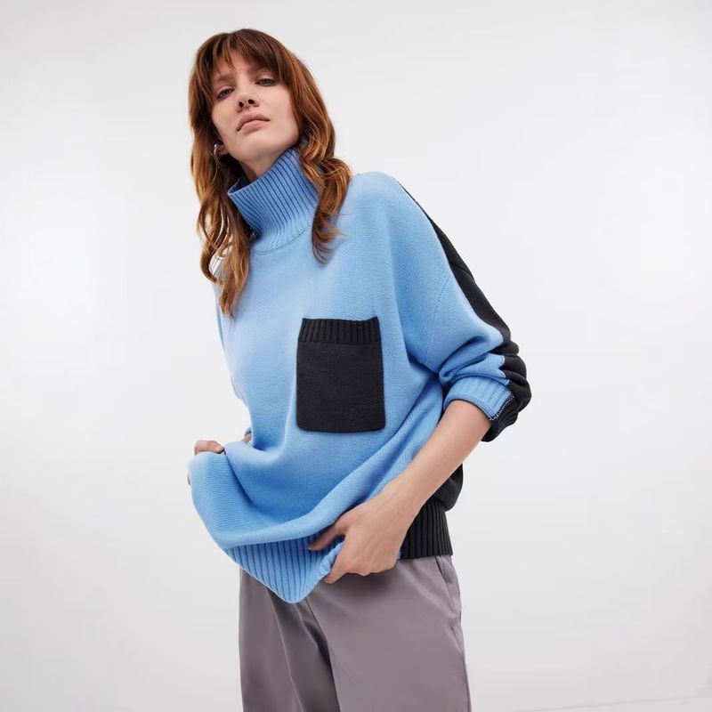 

Fashion Wind New Arrival Contrast Color Knitting Turtleneck Sweater Top Knited Color Blocked Sweater Sky Blue M