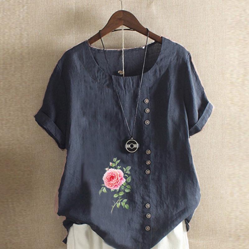 Women's New Fashion Linen Shirt Round Neck Short Sleeve Flower Printed T-shirt Summer Ladies Casual Plus Size Blouse Tops