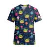 Women V Neck Short Sleeve Work Top with Pockets Cartoon Print Medical Uniform Shirt for Healthcare Professionals Comfortable Fit