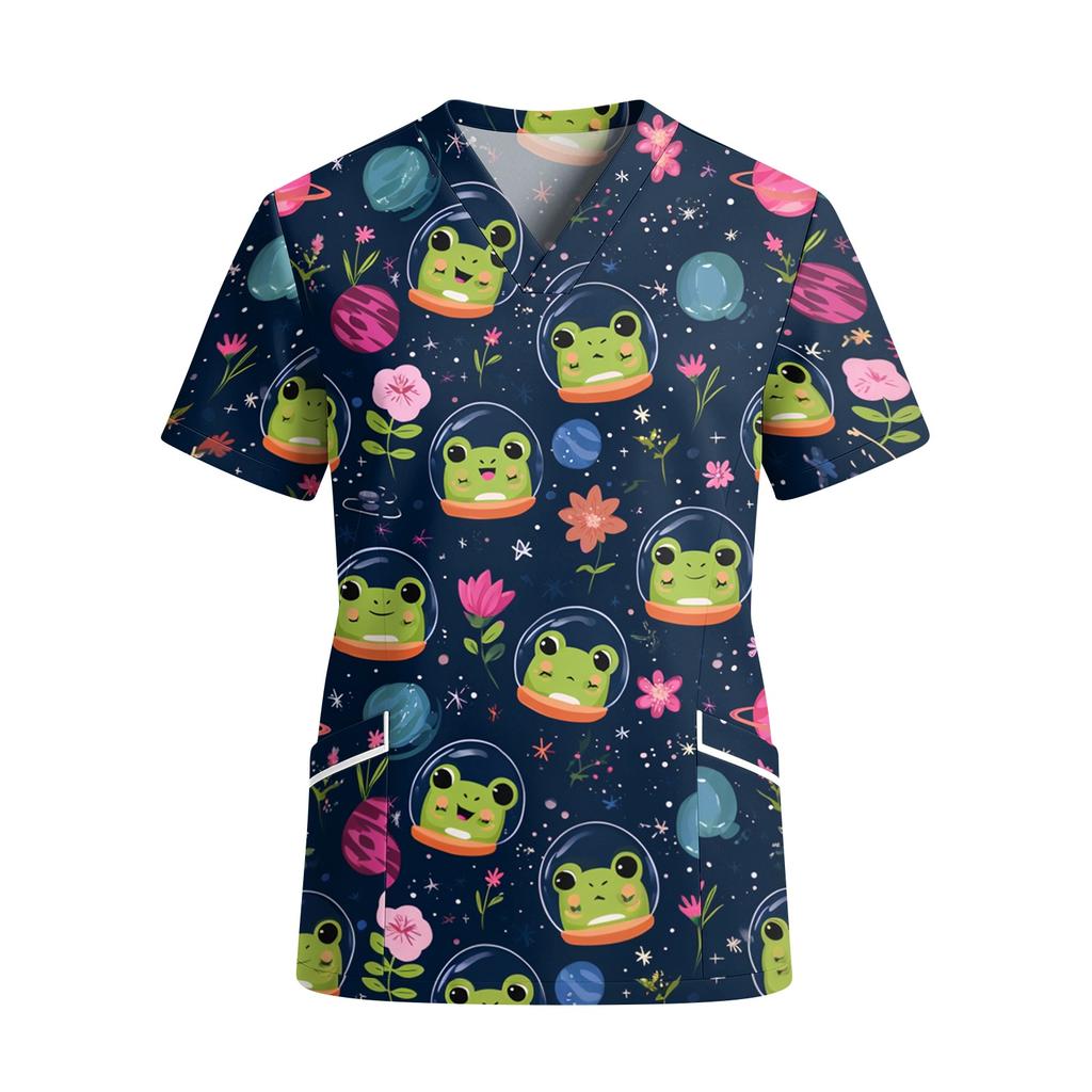 Women V Neck Short Sleeve Work Top with Pockets Cartoon Print Medical Uniform Shirt for Healthcare Professionals Comfortable Fit