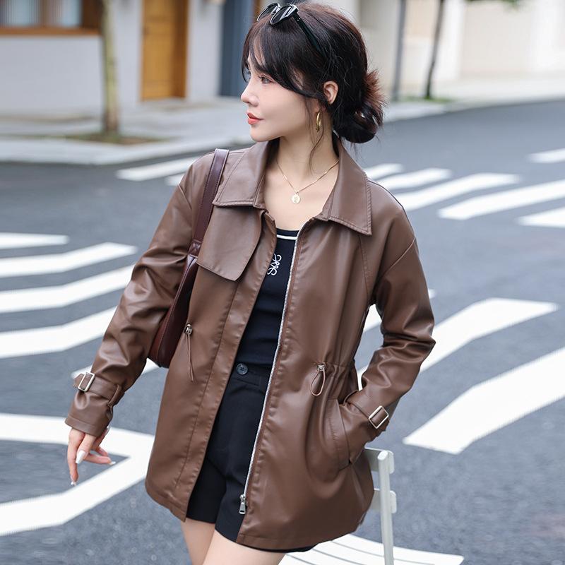 

Ветровка средней длины, кожаная куртка, женская, новая, весна-осень, высококачественная, на талии, кожаная куртка, пальто 2XL