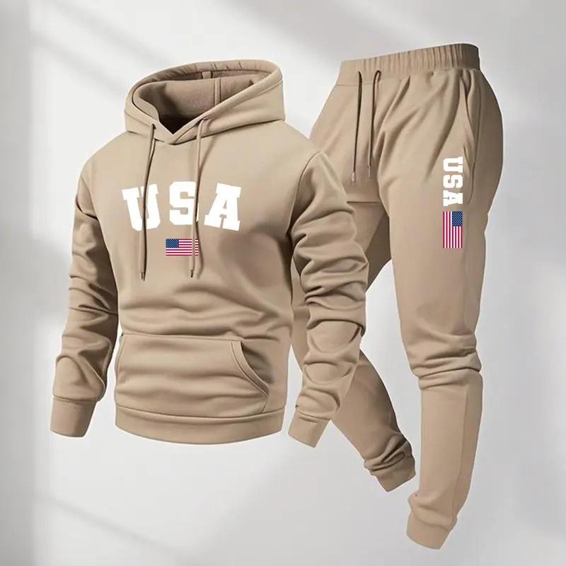 New casual sweater USA flag print hooded suit autumn and winter sports European and American trend men's and women's sweatpants