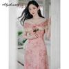 French Style Summer Women Fairy Pink Midi Dress Slash Neck Floral Print Lace Patchwork Dress Off Shoulder Elegant Feminine Dress