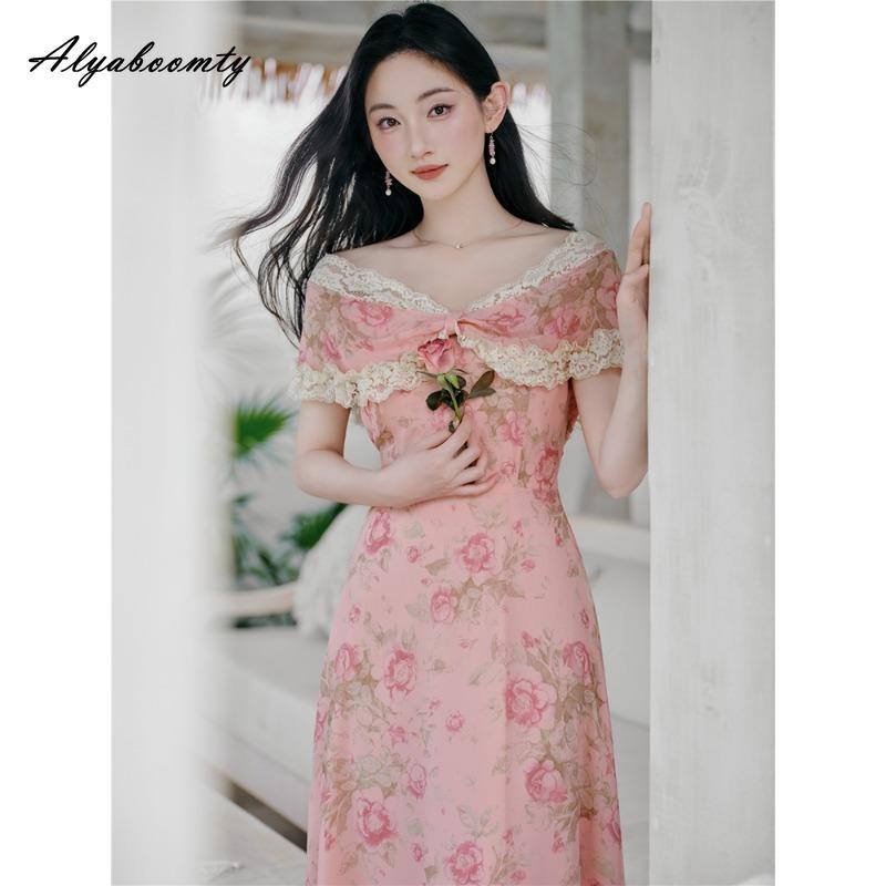 French Style Summer Women Fairy Pink Midi Dress Slash Neck Floral Print Lace Patchwork Dress Off Shoulder Elegant Feminine Dress
