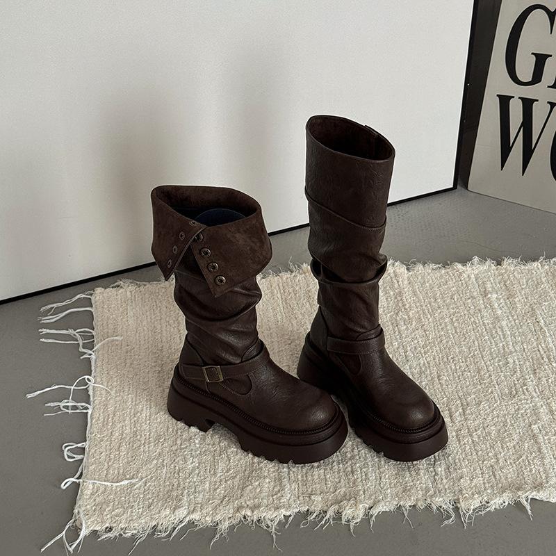 

Ретро британский стиль складные толстый каблук платформа ботинки осень и зима мода тонкие женские дизайн чувство рыцарские ботинки 39 коричневый