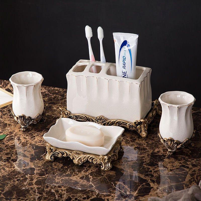 Handmade Retro Ceramic Bathroom Set | European Style Soap Dispenser, Toothbrush Cup & Soap Dish