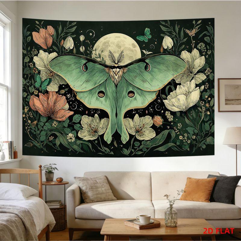 Luna Moth Floral Tapestry Celestial Dark Art Vintage Wall Hanging Boho Bedroom Dorm Yoga Room Decor