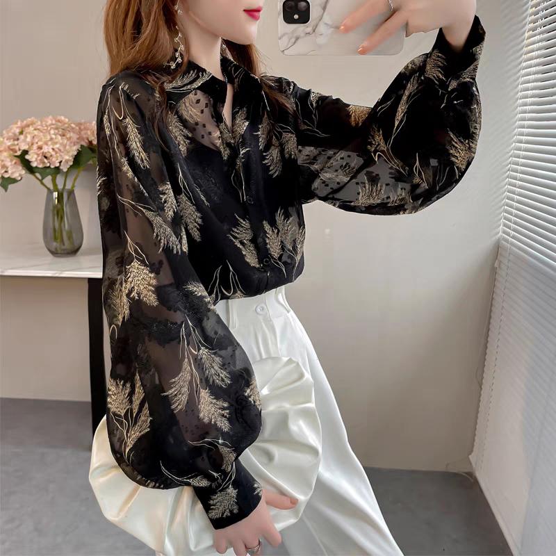 Ladies Temperament Top Tihua Printed Shirt Loose Lantern Sleeve Flower Shirt Niche Design Chiffon Shirt