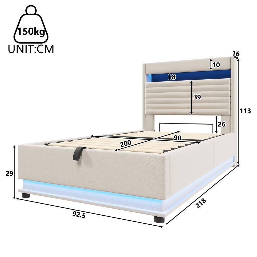 Upholstered Bed, 90x200cm, USB Type-C Charging, LED Lighting, Hydraulic Storage, Flip-top Compartment, No Mattress, Button/App Control, Linen, Beige