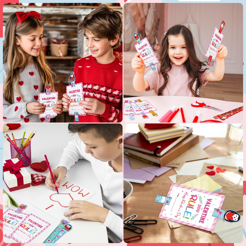 48 Pieces Valentine'S Day Gifts Rulers And Cards Bulk 12 Styles Colorful Valentine Accessories For Party Favors Supplies Classro