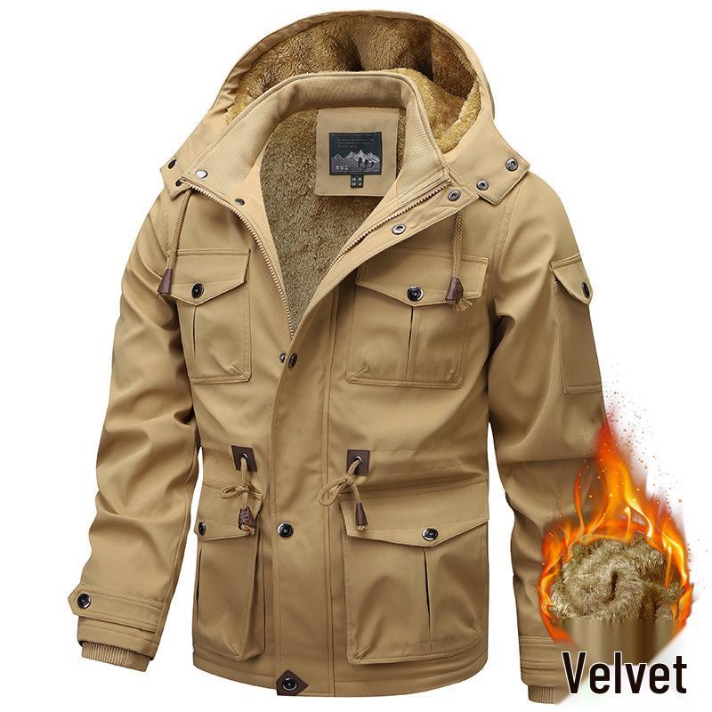 2026 Autumn/Winter Men's Hooded Thick Workwear Jacket, Plus Size, Velvet-Lined, Mid-Length Cotton.