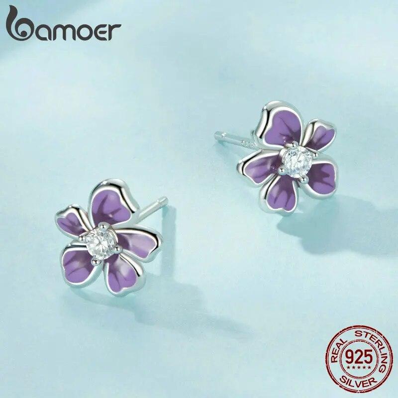 BAMOER Purple Flower Earrings for Women, 925 Sterling Silver Cute Plumeria Cherry Blossom Hypoallergenic Stud Earrings For Girl