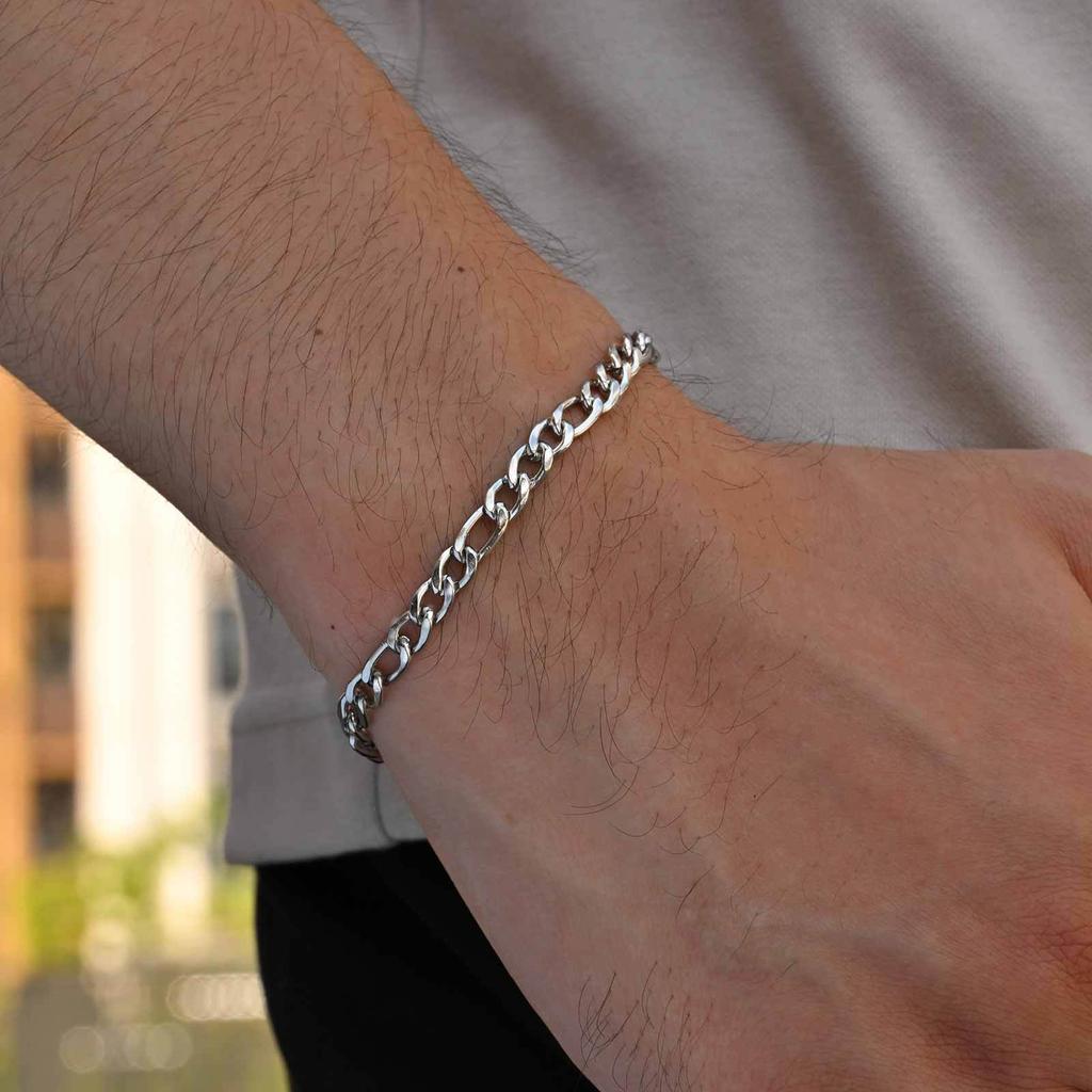 3pcs Men's Chain Bracelet,Never Fade Stainless Steel Cuban Chain Wristband,Casual Simple Silver Color Chains Jewelry Gift