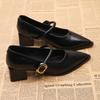 Hochwertige Leder Mary Janes - Französische Vintage Spitz zulaufende Pumps klobiger Absatz Einzelner Riemen Schuhe Schnallen-Dekor