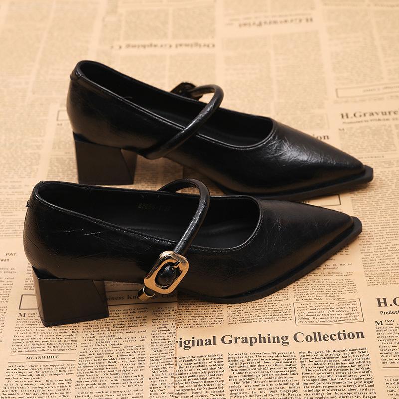 Hochwertige Leder Mary Janes - Französische Vintage Spitz zulaufende Pumps klobiger Absatz Einzelner Riemen Schuhe Schnallen-Dekor
