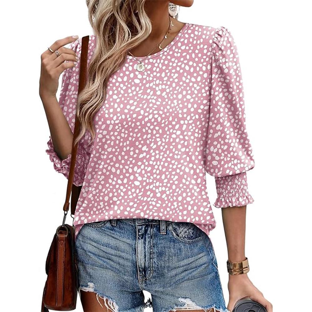 3/4 Sleeve Length Womens Tops Crewneck Loose Fit Polka Dot Blouses Dressy Casual Chiffon Shirts