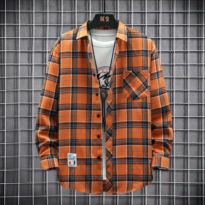 Spring Autumn Men's Long-sleeved Lapel Plaid Shirt Men's Versatile Retro Casual Shirt Blouse Jacket Men's Striped Plaid Shirt