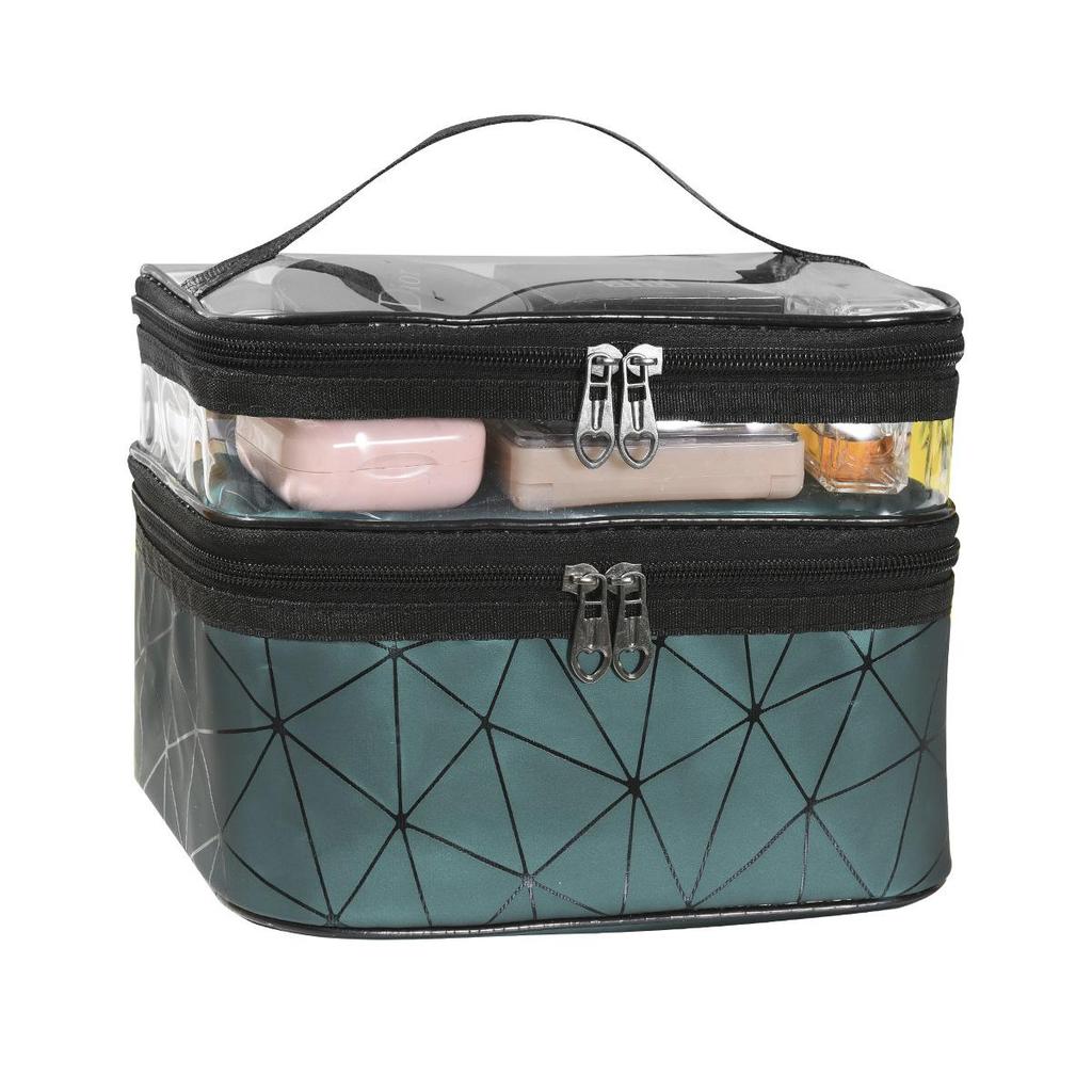 Women's Large PU Leather Double-Layer Makeup and Toiletry Bag - Portable & Multifunctional Lipstick Storage