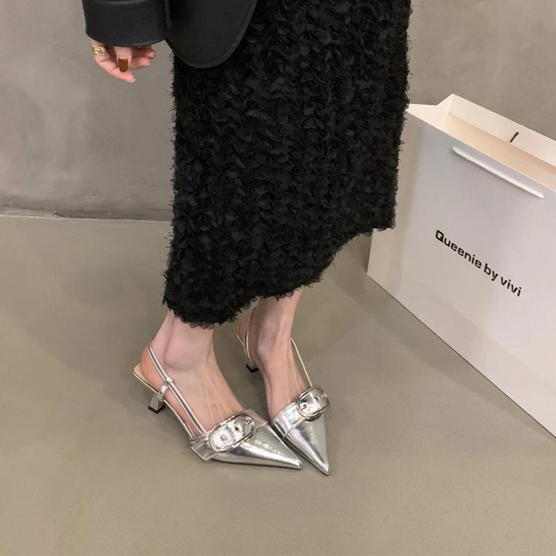 

Fashion Women s Fashion Stiletto Baotou Sandals Summer New Pointed Head Shallow Mouth Metal Buckle Anti-slip Wear-resistant High Heels 39 серебряный