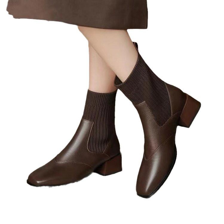 Knitted sleeve elastic thin boots women's retro square head thick medium heel short boots women's autumn and winter new boots