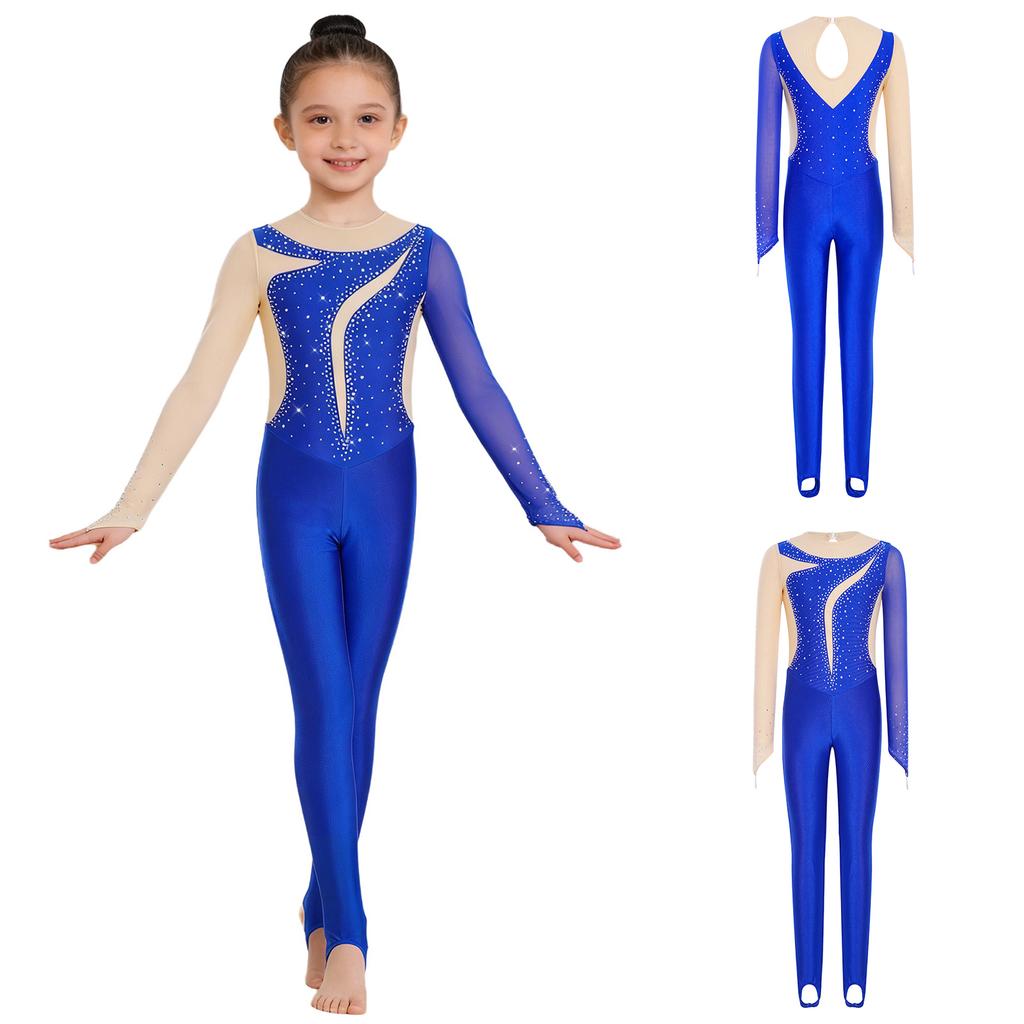 Tuta da Ginnastica per Bambine Maniche Lunghe Fori per le Dita Foro sulla Schiena Patchwork in Rete Strass Lucidi Color Block Body da Danza per Performance