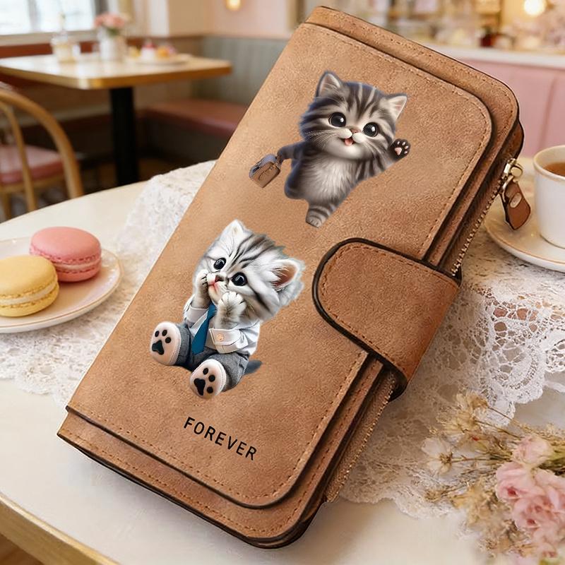 Charming Women's Long Wallet Cute Cat Design Tri-fold Card Holder Multiple Pockets Zipper Cash Compartment for Cash ID Credit Cards Ideal Gift for