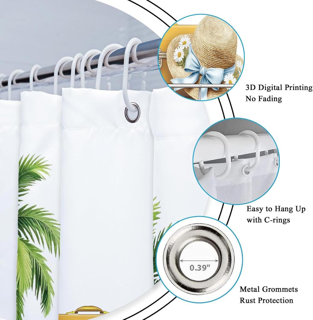 Beach Surf RV Shower Curtain – Tropical Palm Tree & Camping Car Design, Coastal Theme Bath Decor for Men & Boys, with 12 Hooks