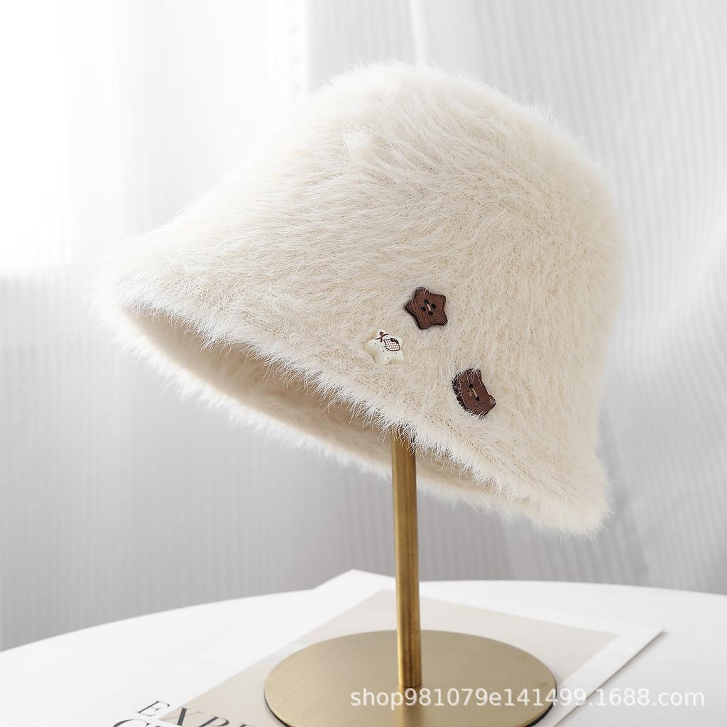 Autumn and winter American plush bow bucket hat women's versatile sweet age reduction warm cold basin hat bucket hat