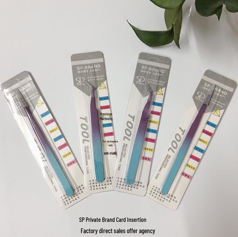 Two-Color Gradient Stainless Steel Anti-static Tweezers with Pointed and Bent Tips for Hair Removal and Eyelash Extension