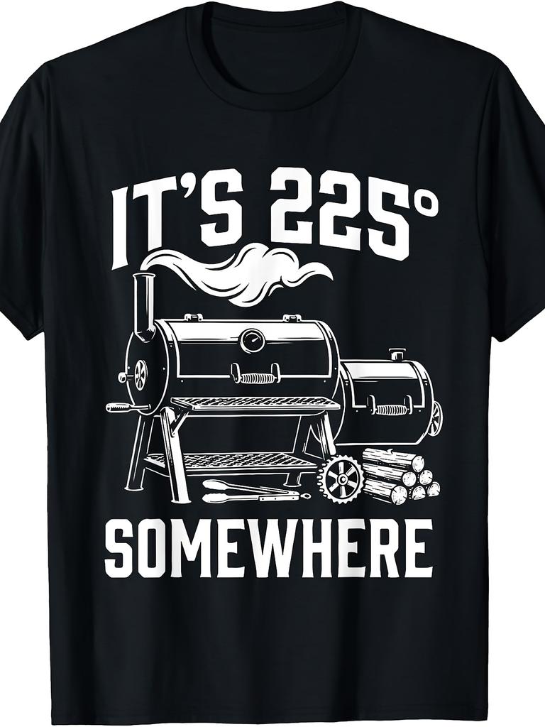 Men's Funny BBQ T-Shirt - Retro "It's 225 Somewhere" Smoker Grill Design, Outdoor Cooking Gift Suitable for - Wear, Machine Washable Casual Apparel fo