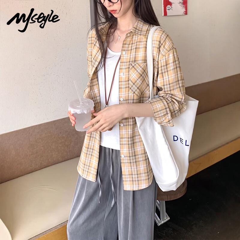 MJ STYLE Women's Plaid Long-Sleeve Casual Button-Down Shirt