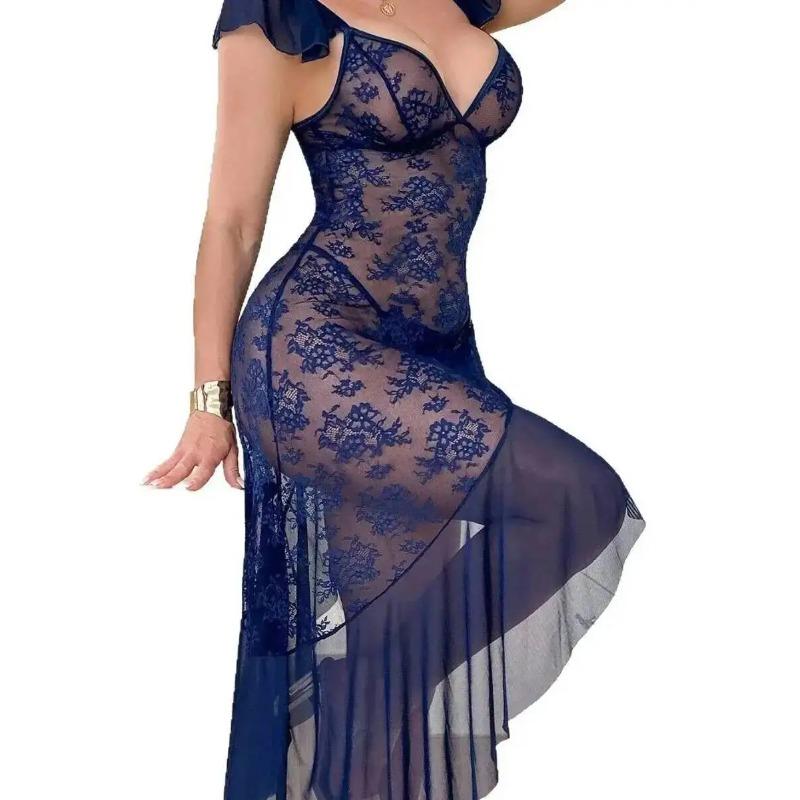 Sheer Sexy Pure Desire Strap Long Dress Nightgown Ruched Mesh Bowknot Slit Nightdress Transparent Flower Print Dress Charm RSOA