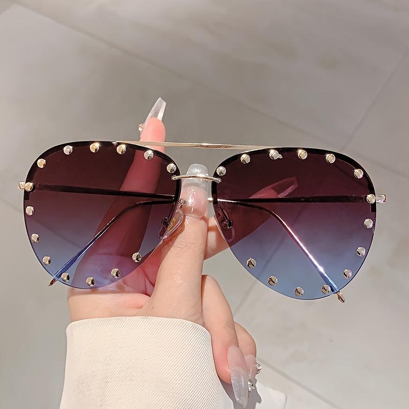 Fashion Rimless Pilot Sunglasses Women Vintage Luxury Brand Design Diamond Cutting Lens Rivet Sun Glasses For Female UV400