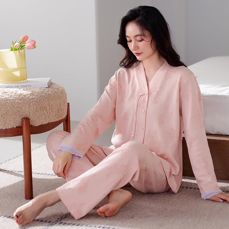 Pure cotton pajamas women's spring and autumn long-sleeved cardigan women's autumn new Chinese V-neck national style loungewear large size set