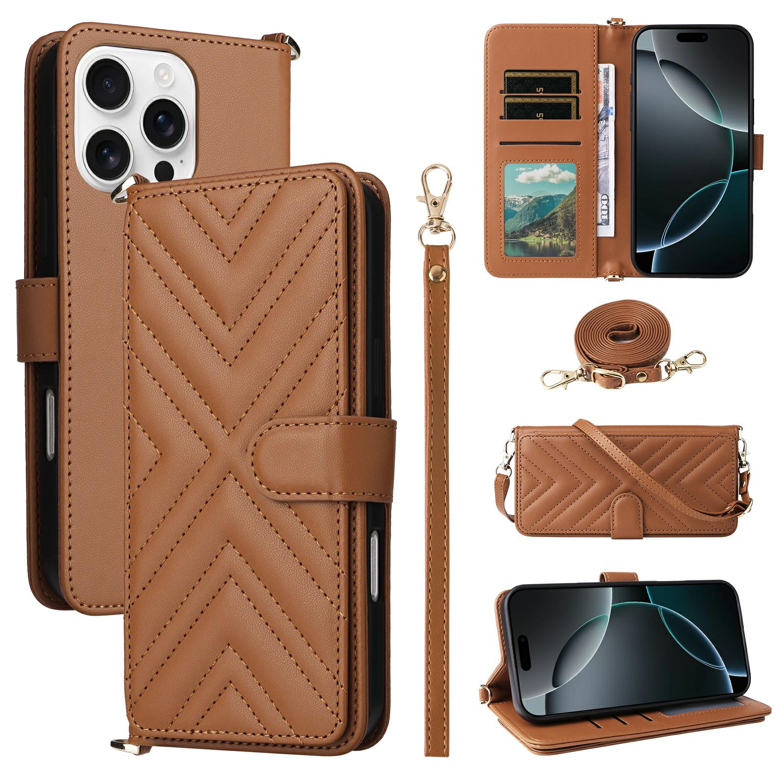 

For iPhone 16 Pro Wallet Case with Shoulder/Wrist Strap Leather Phone Cover Stand Brown
