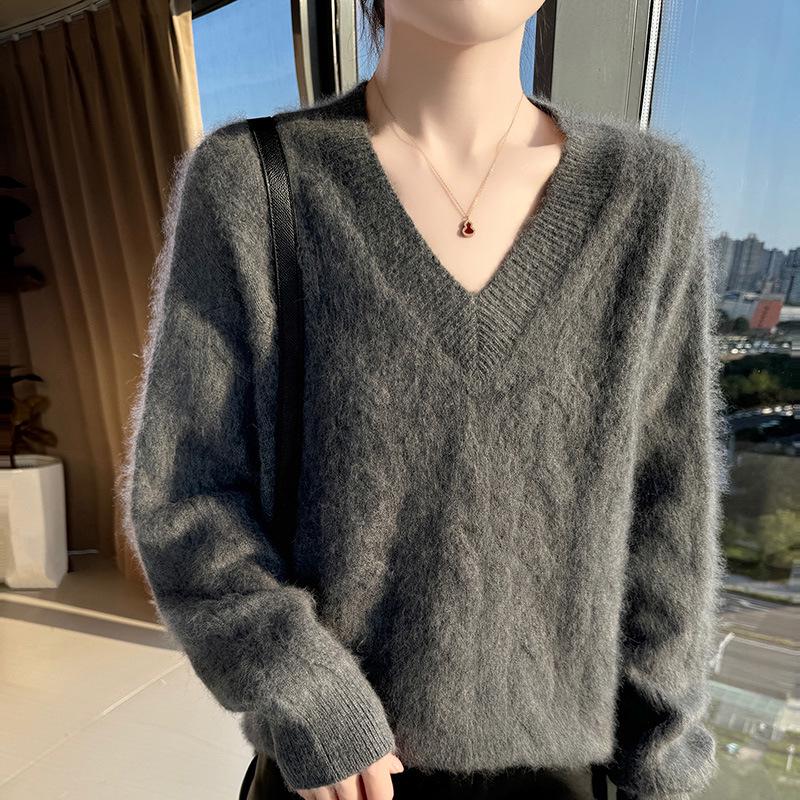 Lekasha 100% Cashmere V-Neck Loose Knit Sweater for Women - Solid Color Winter Base Layer Top