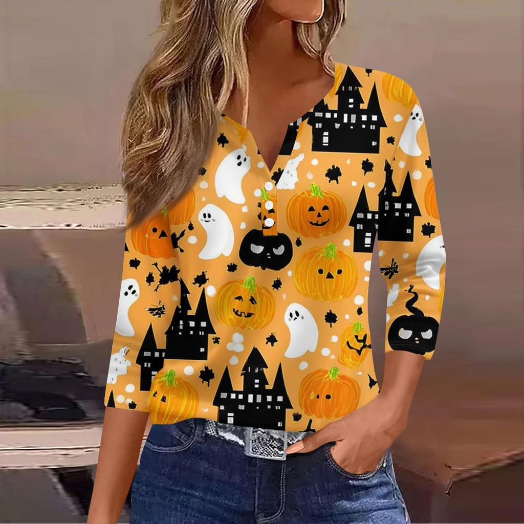 Women's Casual Fashion V-neck Loose Versatile Halloween Print Three-quarter Sleeve Top