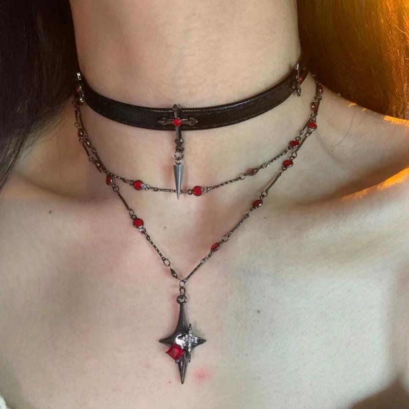 Punk Dark Black Cross Stars Pendant Necklace for Women Men Hiphop Cool Red Crystal Leather Choker Necklace Party Jewelry Gifts