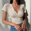 Mädchen Sommer Retro Blumen Kurzarm V-Ausschnitt T-Shirt Schlank Abnehmen Wild Hohe Taille Damen Top