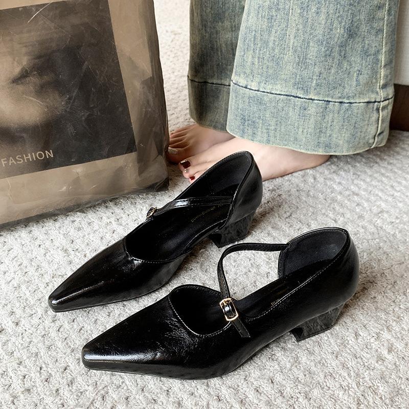 Fashion 2025 Silver Pointed Toe High Heel Mary Janes Women's Shoes Spring Autumn New Korean Style French Vintage Evening Red Thick Hee