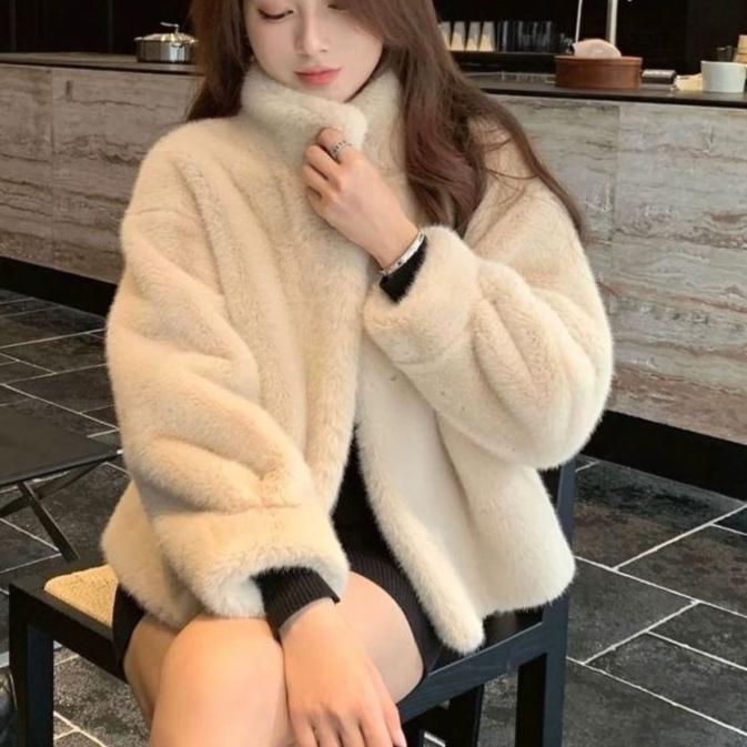 Women Thick Faux Mink Fur Loose Jackets Tops Winter Warm Stand Neck Single Breasted Abrigos Casual Korean Solid Coats Blusas New