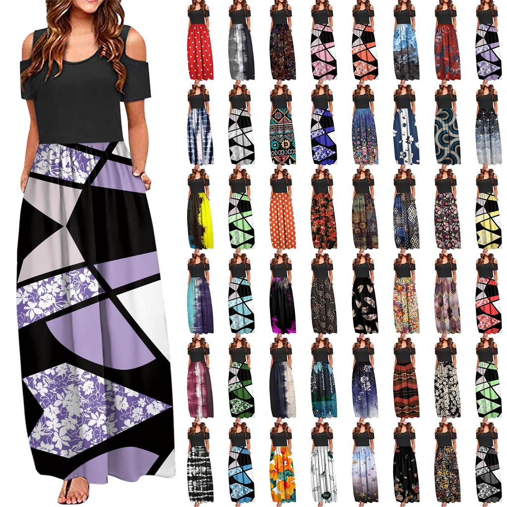 Women's Fashion And All-match Holiday Round Neck Strapless Long Print Spring And Summer Dress