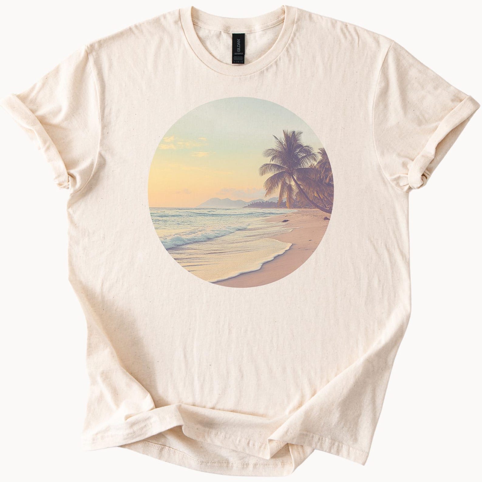 Beach Sunset Palm Trees Graphic T Shirt Ocean Shoreline Art Summer Coastal Nature Scene Soft Casual Tee for Beach Lovers 130